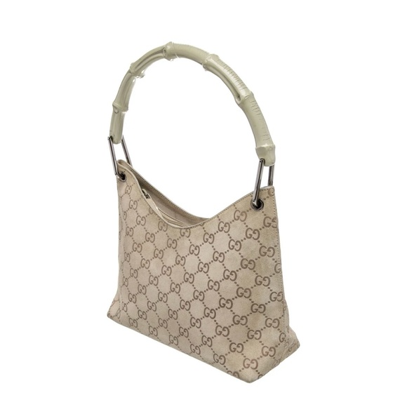 Gucci Beige Monogram Bamboo Handle Bag - Picture 3 of 6